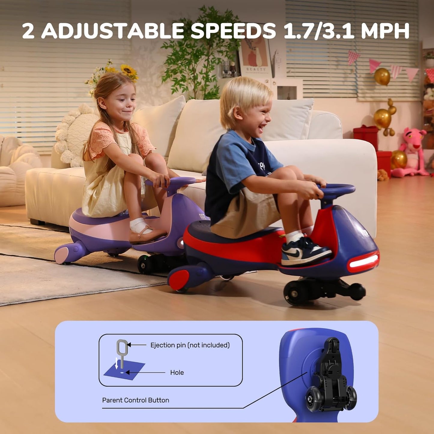 ⏰ LAST DAY 80% OFF 💥 N7 Classic Electric Wiggle Car with Pedal, Rechargeable Battery, Ride on Toys, Swing Car, 2 Speeds, Anti-Rollover, Flashing Light Wheels, Bluetooth, for Ages 3 and Up, 150 Lbs, Pink