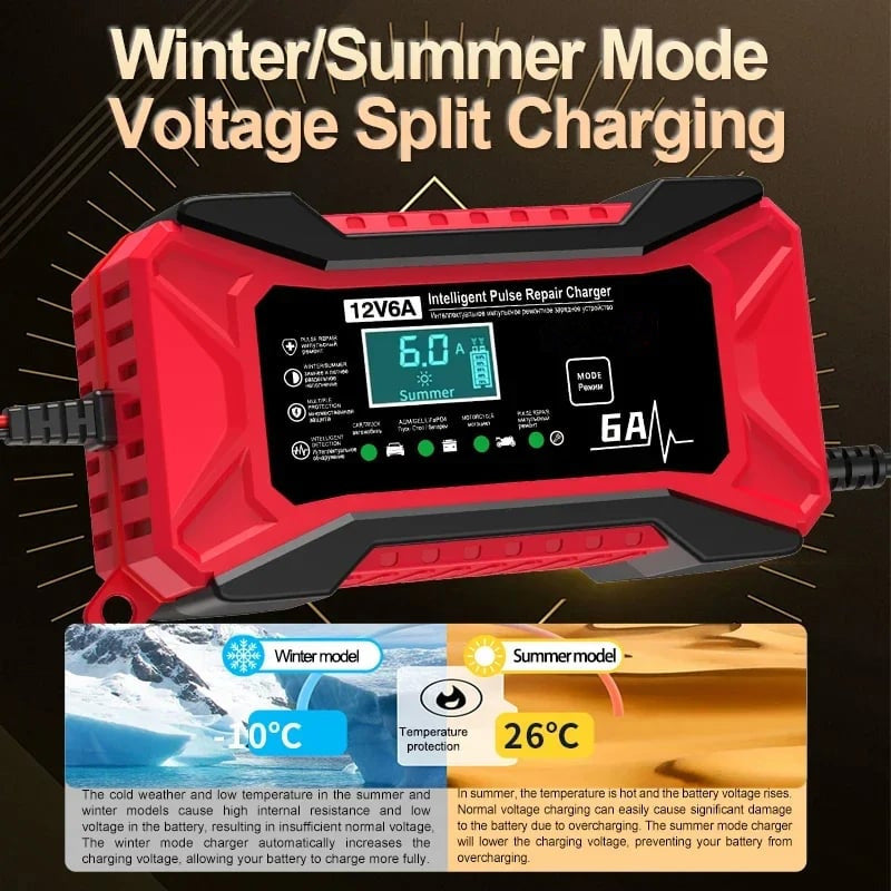 ⚡ SMART BATTERY CHARGER - Universal for Car & Motorcycle, Auto Voltage Detection, Overcharge Protection, LCD Display & Compact Design 🚗🏍️